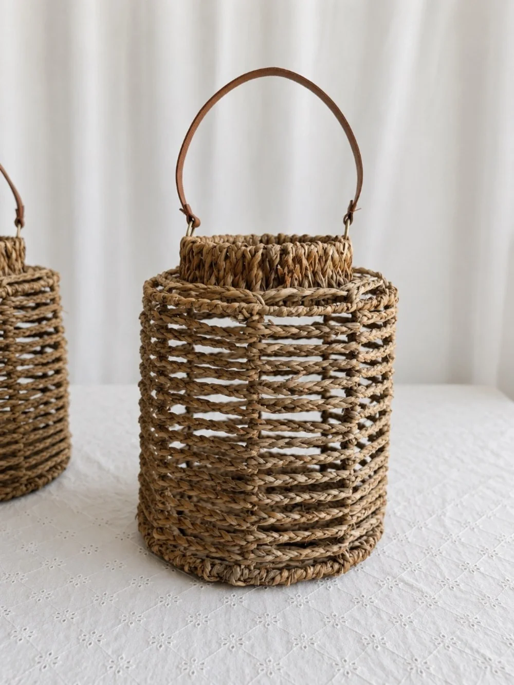 Set of 2 Woven Hanging Candle Lanterns with Leather Handles